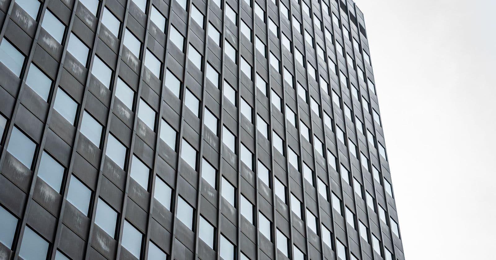 Low-angle view of a tall dark office tower facade with rows of windows against a pale sky