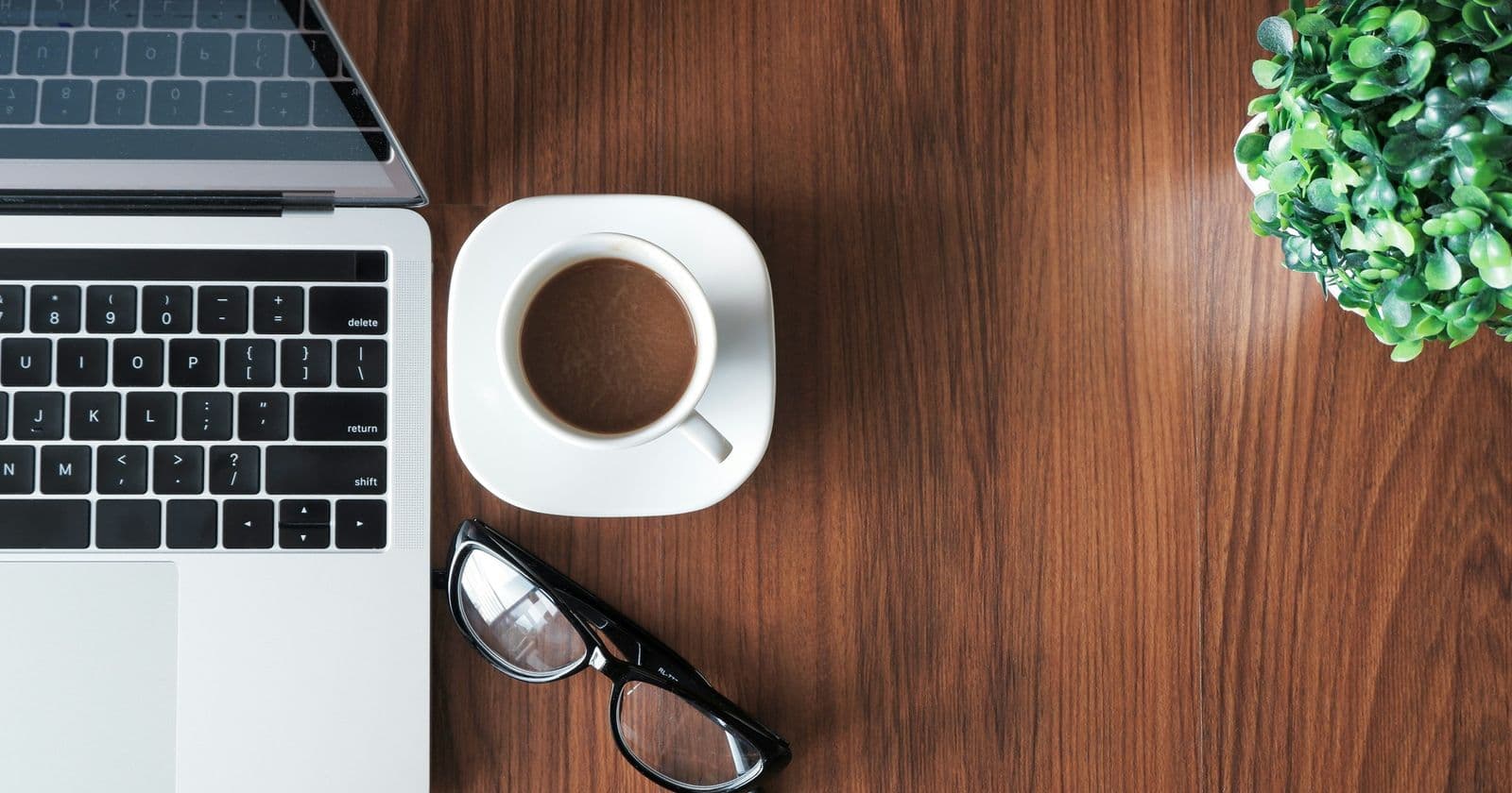 Laptop keyboard, cup of coffee on a saucer and reading glasses on a wooden desk beside a plant