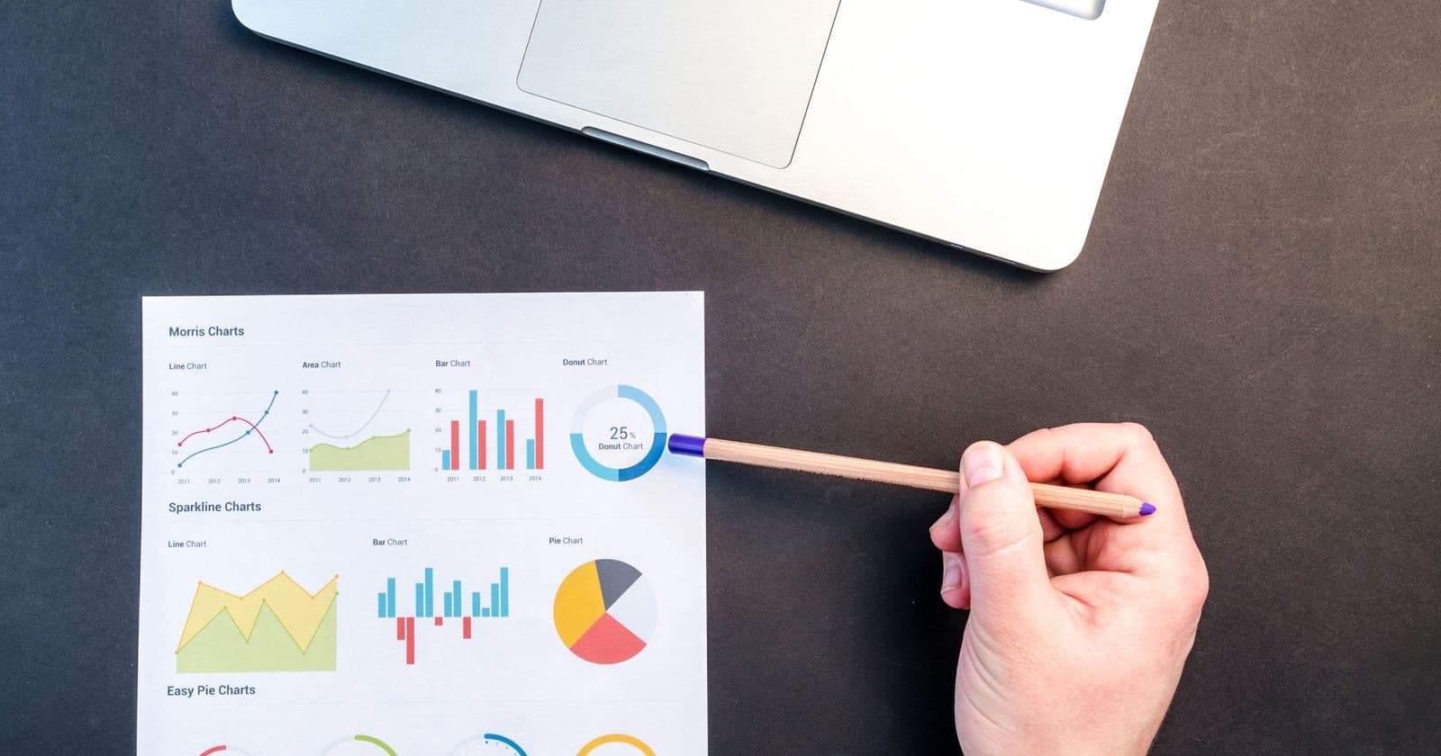 Hand pointing a pencil at printed charts and graphs on paper beside a laptop on a dark desk