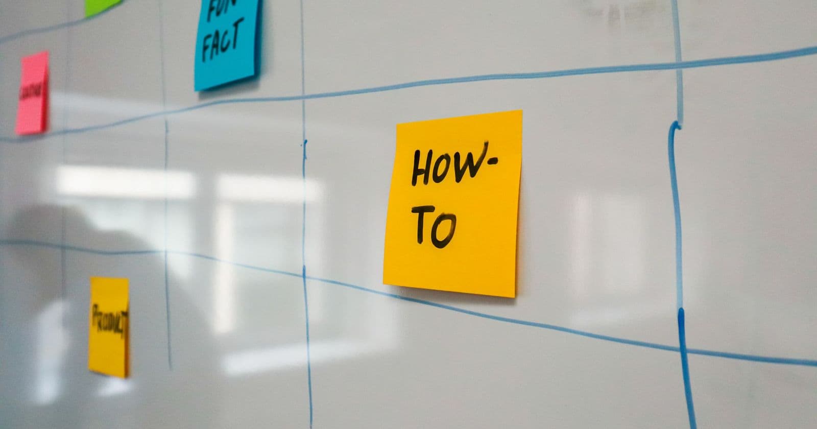 Colourful sticky notes arranged in a grid drawn on a whiteboard, one reading how-to